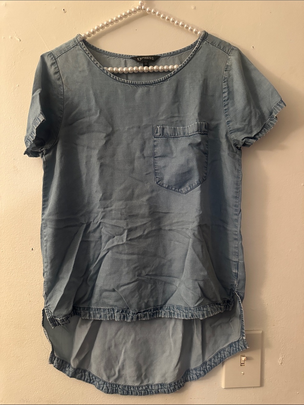 Express Light Blue Denim Short-Sleeve High-Low Tunic